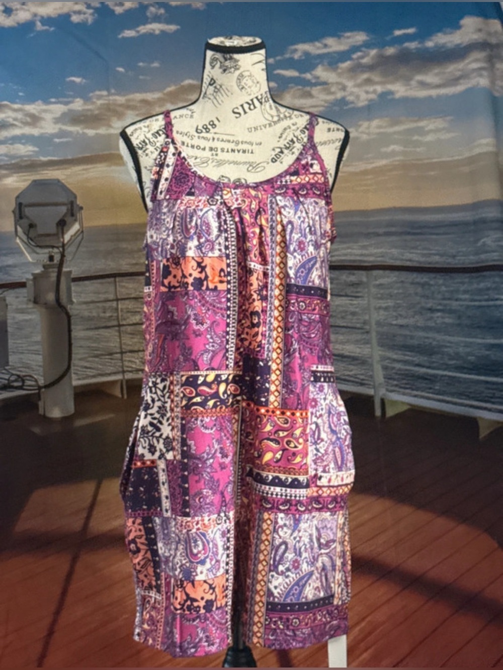 NWT-Medium Boho Patchwork hippie whimsical Festival, Purple Sleeveless Romper